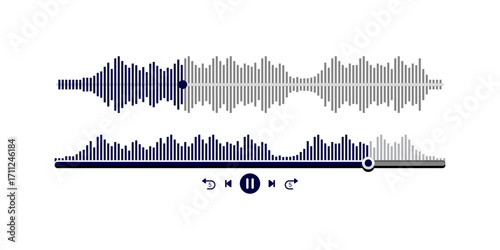 Music player user interface vector with play and pause button, progress bar for audio or video playback, modern UI controls in flat clean style on white background