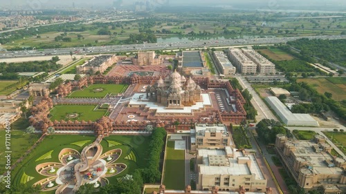Aerial view of Akshardham Temple, Swaminarayan Akshardham is a Hindu temple and campus in Delhi, India.