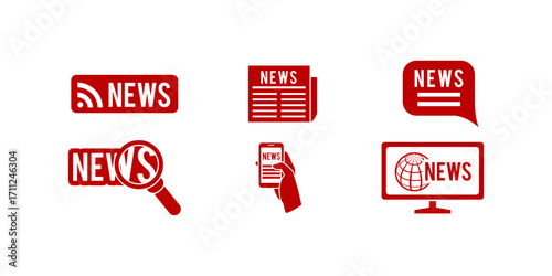 Collection of news and press icons vector including media, journalism, broadcasting, communication symbols for newspaper, radio, TV and digital media designs