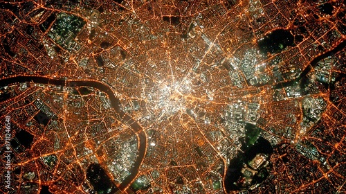 Aerial view of a city at night with bright lights and dark rivers.