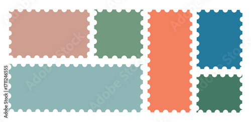 Colorful Postage stamp set. Post stamp frames and borders. Zigzag edge and scallop edge. Rectangle shape with zigzag edges. Vector illustration.	