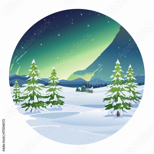 Illustration of a snowy landscape with pine trees under the aurora borealis in a circular frame.