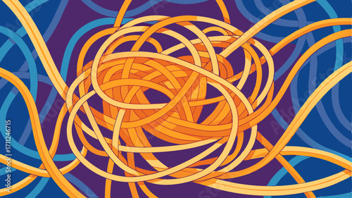 Complex tangle of yellow and orange abstract lines creating an intricate knot or wire bundle, set against a blue and purple background. Symbolizes connection, confusion, network, and chaos.