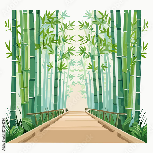 Illustration of a serene bamboo forest with a wooden walkway leading through the dense green stalks towards a bright background.