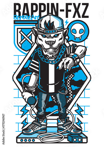 Cartoonish Rapper Character in Hip-Hop Style with Microphone and Chain.