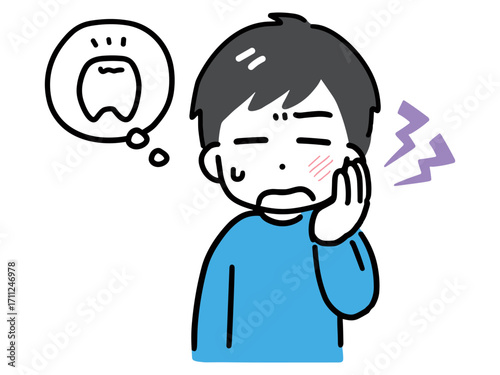 歯が痛い私服の若い男性(上半身・正面)