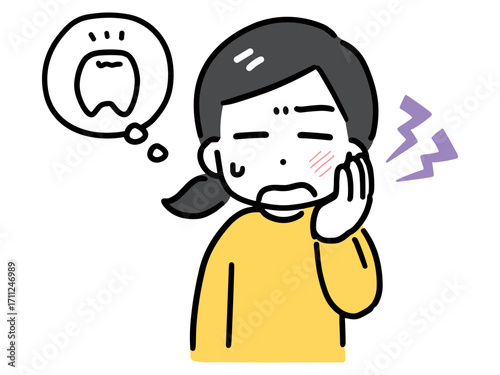 歯が痛い私服の若い女性(上半身・正面)