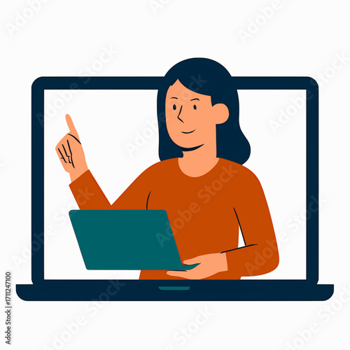 A vector illustration of a teacher holding a laptop, teaching online, with solid colors and a white background