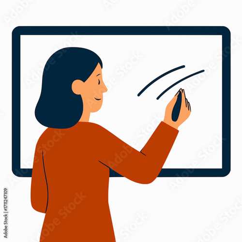 A vector illustration of a teacher writing on a whiteboard, with solid colors and a white background