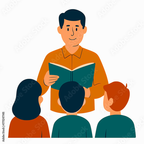 A vector illustration of a teacher reading a book to students, with solid colors and a white background