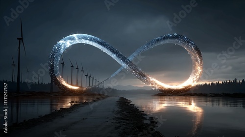 Dynamic infinity symbol powered by glowing energy streams over a serene lake with wind turbines generating clean power at sunset