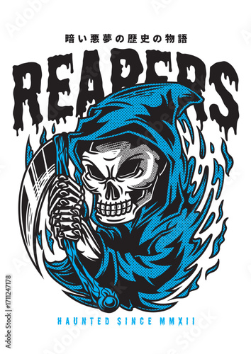 Skull Reaper in Blue Cloak Holding Scythe Graphic Design.