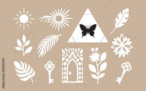 Collection of mystical and nature inspired symbols on a neutral background