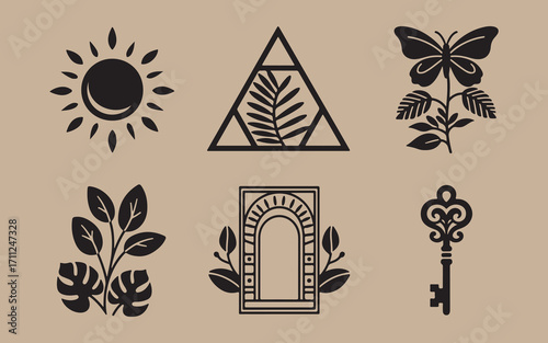 Set of six mystical bohemian style icons with sun butterfly arch key and plants