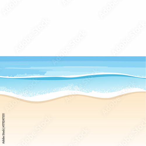 Serene beach scene with gentle waves lapping onto a sandy shore against a clear blue sky with a calm atmosphere.