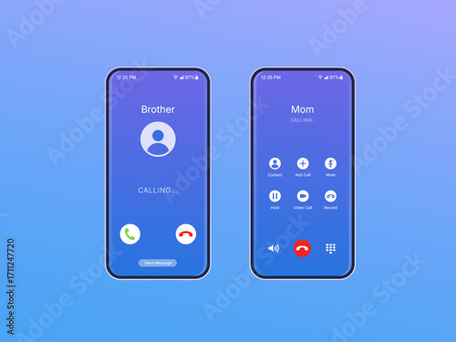 Realistic mobile phone call screen interface vector with user profile photo, control buttons, timer, and signal icons for UI design