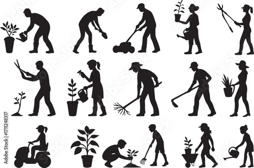 Garden Activities Silhouettes: A detailed collection of gardening activities silhouettes. capturing a diverse range of people tending plants, creating a visually engaging representation of gardening.