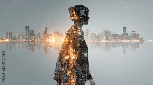 Silhouette of a professional woman layered with a vibrant cityscape and digital circuits symbolizing innovation and global connection in modern business