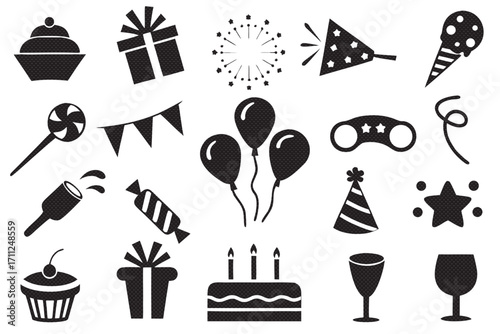 Festive party icons cake, gifts, fireworks, party hats, balloons, and sweets for joyous celebrations