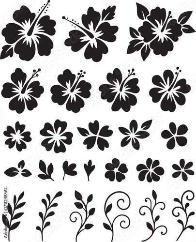 Hibiscus Floral Silhouette Elements: A curated collection of hibiscus flower silhouettes and accompanying leaf and stem graphics, perfectly suited for crafting elegant design assets.