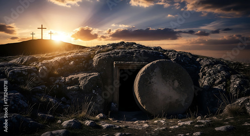 A scene of resurrection: an open tomb with a stone rolled away and a beautiful sunset in background. 