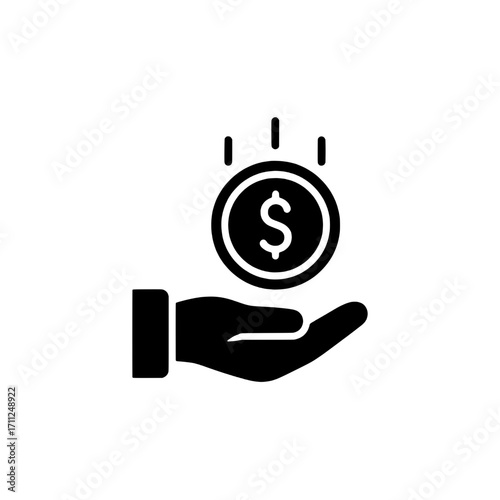 Simple flat vector icon of a hand receiving a money coin. Symbol for income, payment, donation, savings, and financial concepts