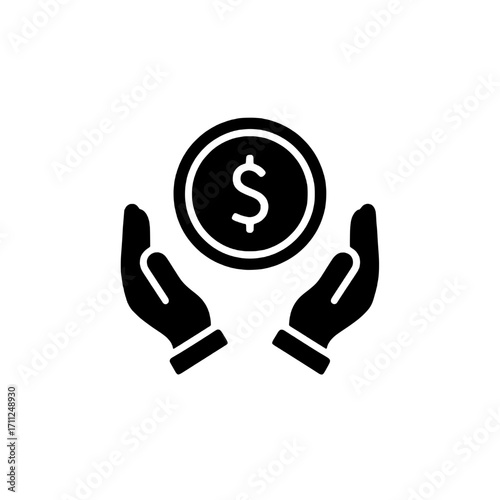 Clean and crisp graphic icon illustrating hands holding a dollar coin, symbolizing financial protection, savings, and monetary support