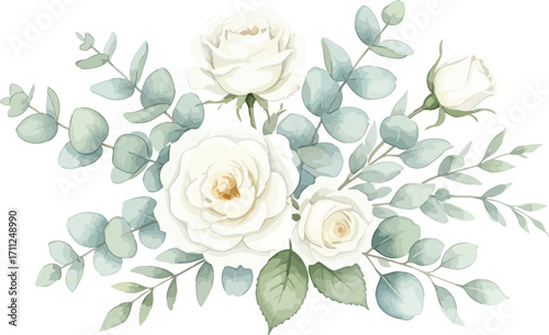 Elegant watercolor floral arrangement with white roses and eucalyptus leaves for wedding decor