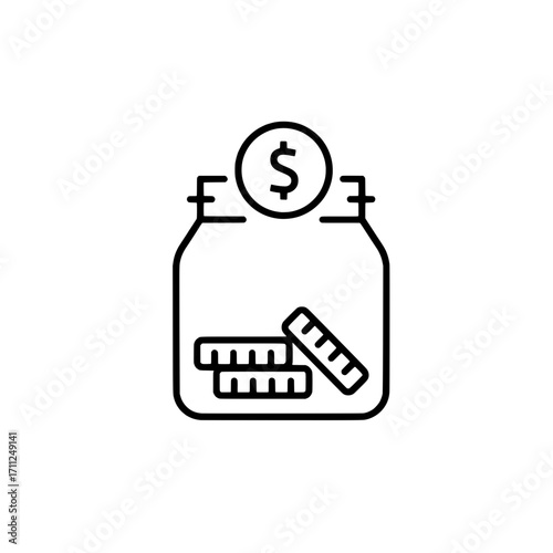 Simple line icon of a money jar filled with coins, symbolizing savings and financial growth