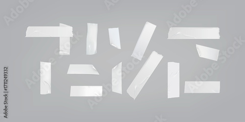 Set of adhesive tape pieces with realistic wrinkle texture on white background featuring multiple shapes for repair or decoration in vector style