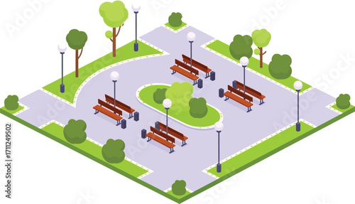 Isometric park design with benches, trees, and lights perfect for urban planning concepts