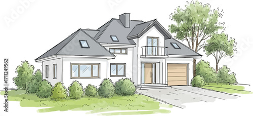 Modern house illustration with lush landscaping, perfect for real estate and architectural design