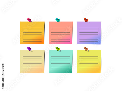 Set of colored paper notes with thumbtacks isolated on white background including sticky reminders, office memos, and paperboard pins in vector design