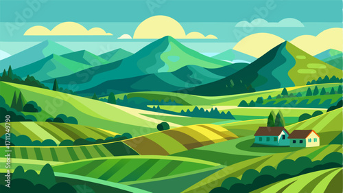 Lush emerald hills rolled in gentle waves across the countryside a patchwork of fields and farms nestled in their valleys.