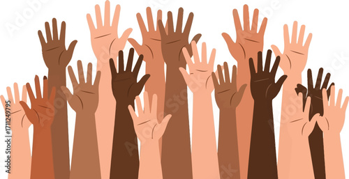 Diverse hands raised in unity, celebrating community, teamwork, and global collaboration