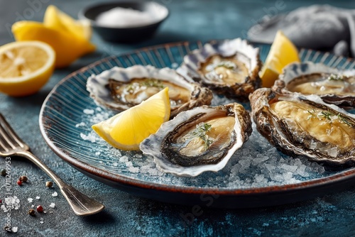 Fresh Oysters with Lemon Slices on Ice for Gourmet Seafood Experience