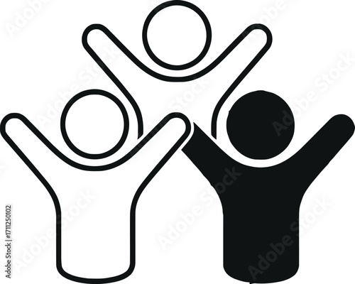 Teamwork and unity concept with three people celebrating success in black and white