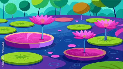 Giant lily pads float atop the river their vibrant pink and purple flowers peeking out above the waters surface.
