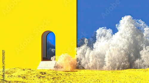Yellow archway,  whimsical clouds