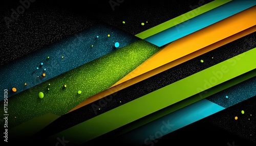 Abstract design with vibrant colored diagonal stripes and small dots on a dark background