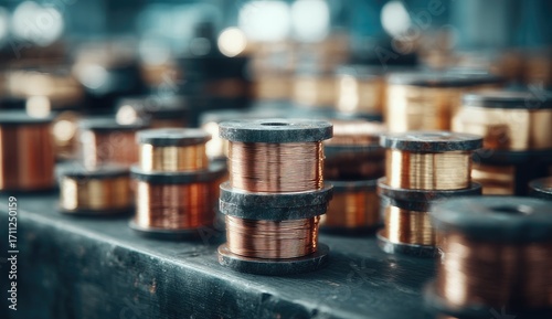 Copper wire spools stacked