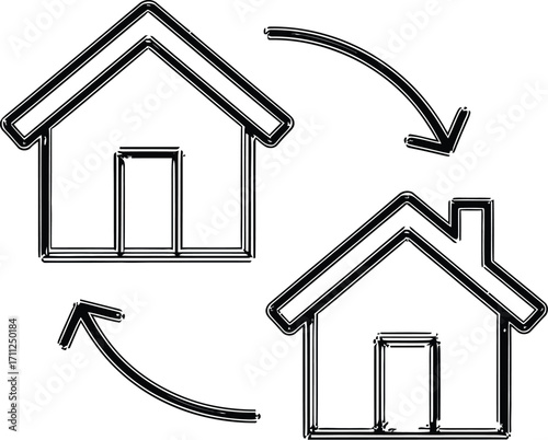 House exchange or relocation concept with arrows and home icons on a white background