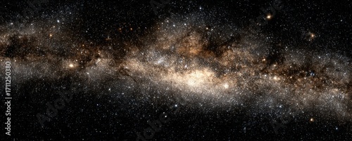 A celestial panorama unfolds with a vibrant Milky Way galaxy displaying myriad stars and cosmic dust against a dark, infinite canvas