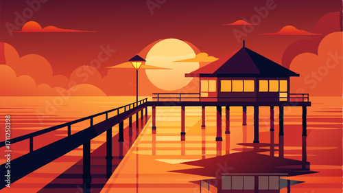Lit by the warm glow of the setting sun the pier casts a peaceful reflection on the shimmering water below.