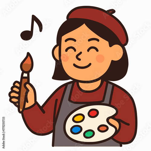 A vector illustration of an art teacher holding a paintbrush and palette, with solid colors and a white background