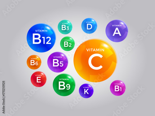 Set of multivitamin complex icons in glossy 3D vector style showing essential vitamins A, B group, C, D, E, K, PP, H, and others for supplements