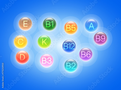 Set of essential vitamins and mineral complex 3D vector icons representing supplements including multivitamin health boosters in glossy isolated capsule style