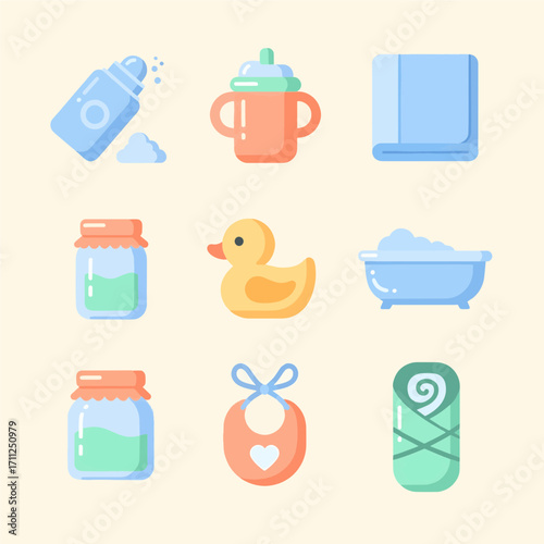 A charming collection of flat design baby care icons for toddlers and newborn infants
