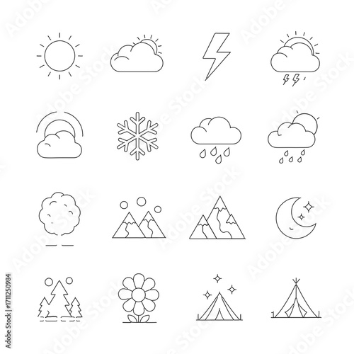 Weather Icons Set of Climate Symbols, Showing Diverse Conditions, Sunny, Cloudy, Rainy, Snowy, and More