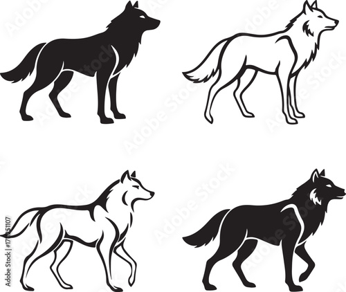 Wolf Silhouette Collection: A striking selection of wolf silhouettes, presented in contrasting black and white, showcasing the animal's majestic form and versatile design elements.